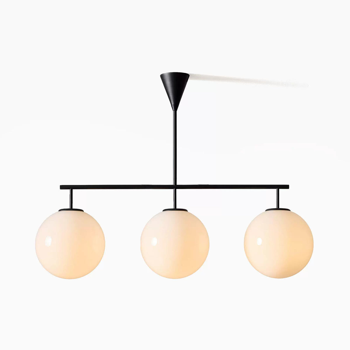 Trilo Globe Pendant Light – Three Opal Glass Spheres on a Sleek Bar