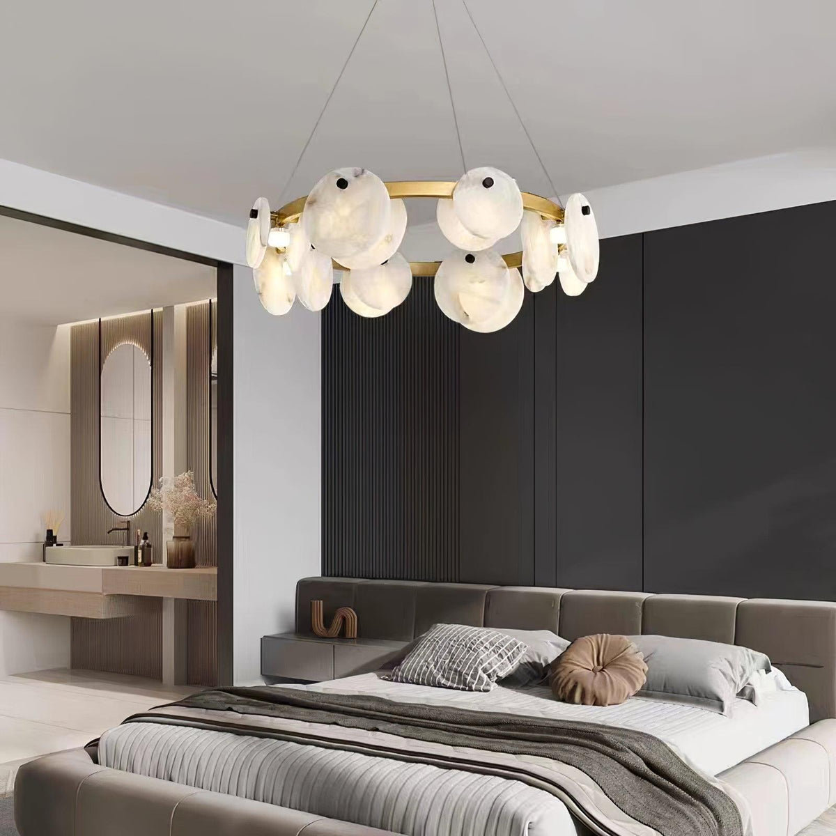 Trinidad Alabaster Chandelier — Modern LED Pendant Light in Brass for Dining Room and Living Room