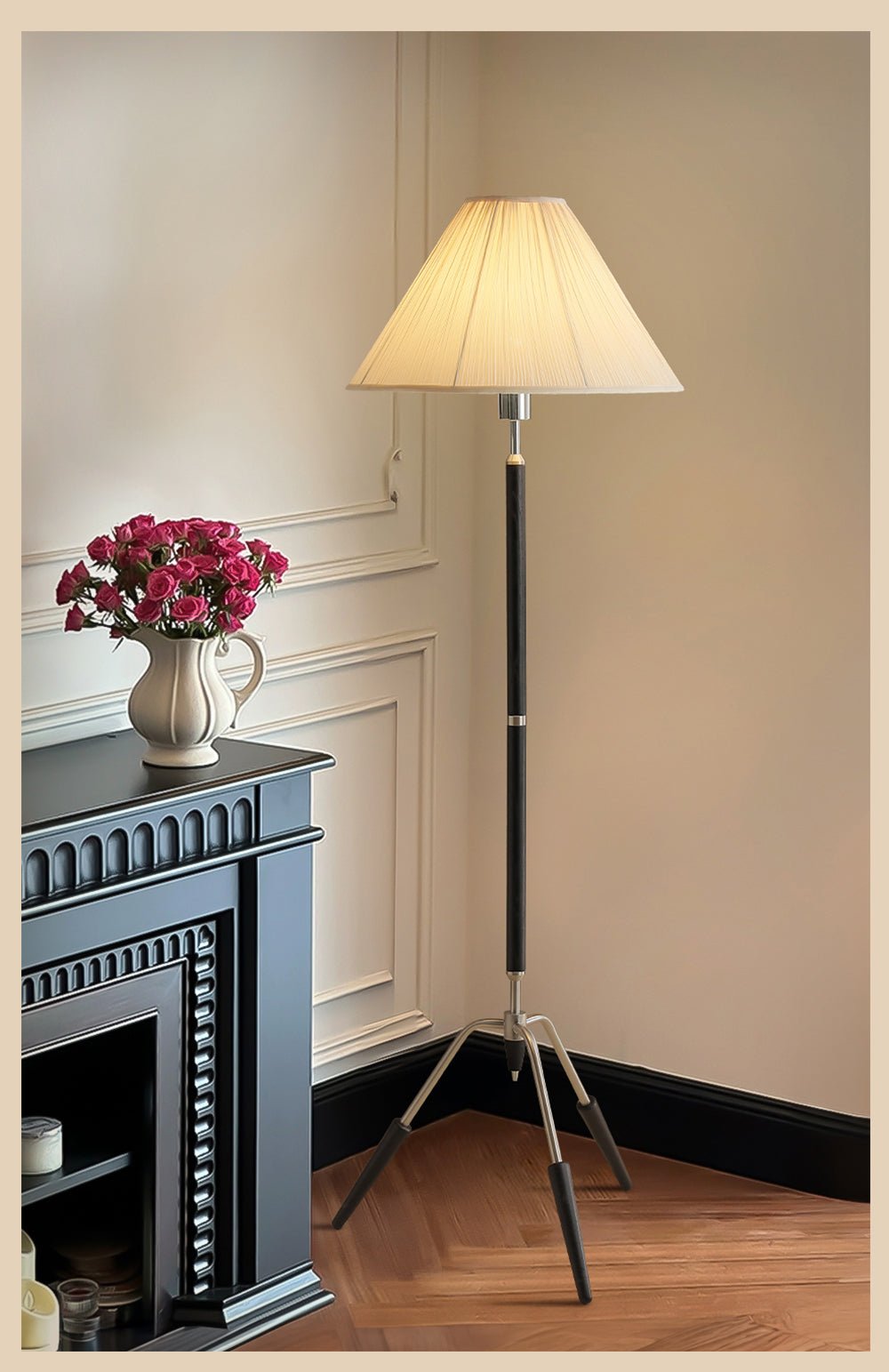 Sculptural Tripod Floor Lamp with Pleated Fabric Shade