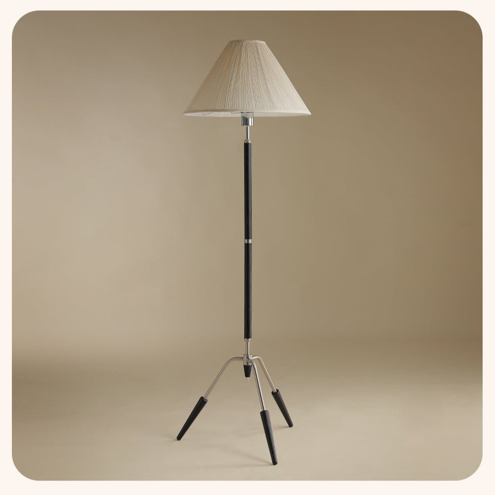 Sculptural Tripod Floor Lamp with Pleated Fabric Shade