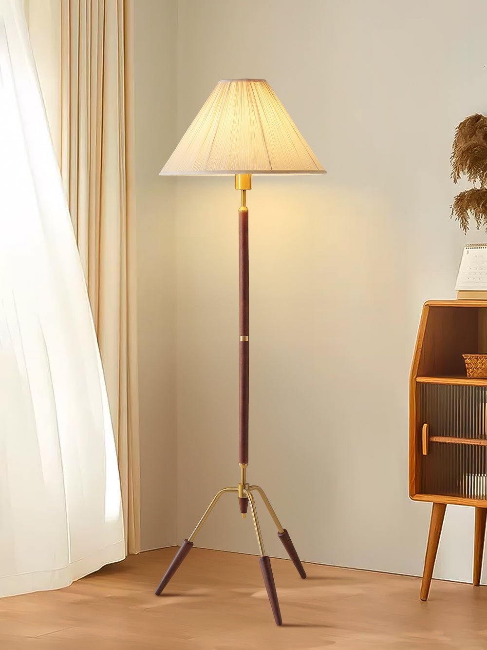 Sculptural Tripod Floor Lamp with Pleated Fabric Shade