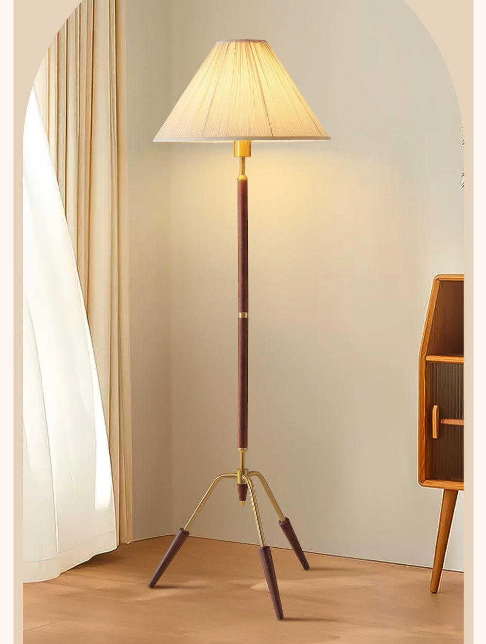 Sculptural Tripod Floor Lamp with Pleated Fabric Shade