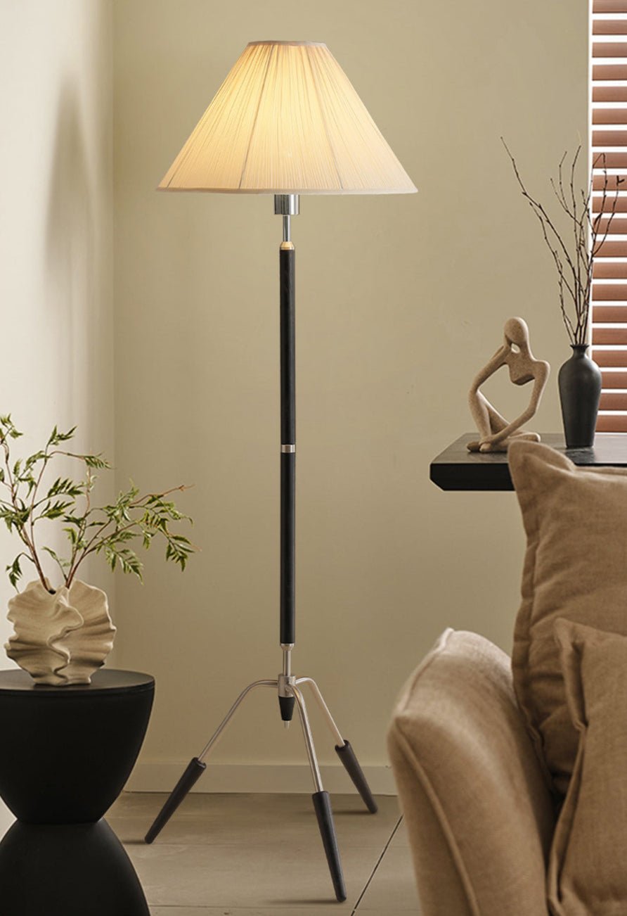 Sculptural Tripod Floor Lamp with Pleated Fabric Shade