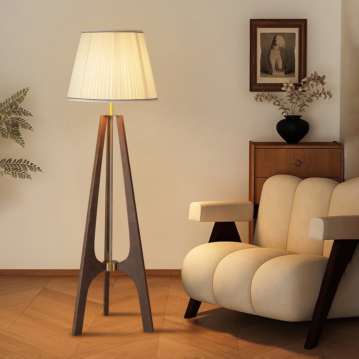 Trivelle Tripod Floor Lamp in Walnut and Gold with Pleated Fabric Shade