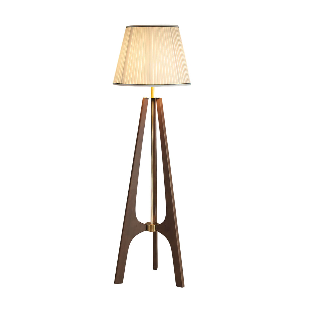 Trivelle Tripod Floor Lamp in Walnut and Gold with Pleated Fabric Shade