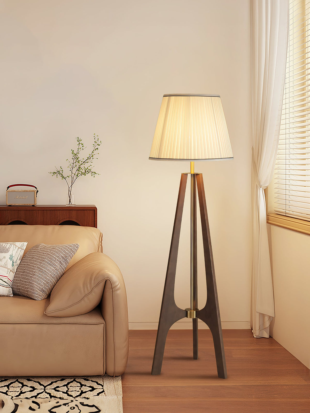 Trivelle Tripod Floor Lamp in Walnut and Gold with Pleated Fabric Shade
