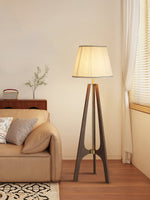 Trivelle Tripod Floor Lamp in Walnut and Gold with Pleated Fabric Shade