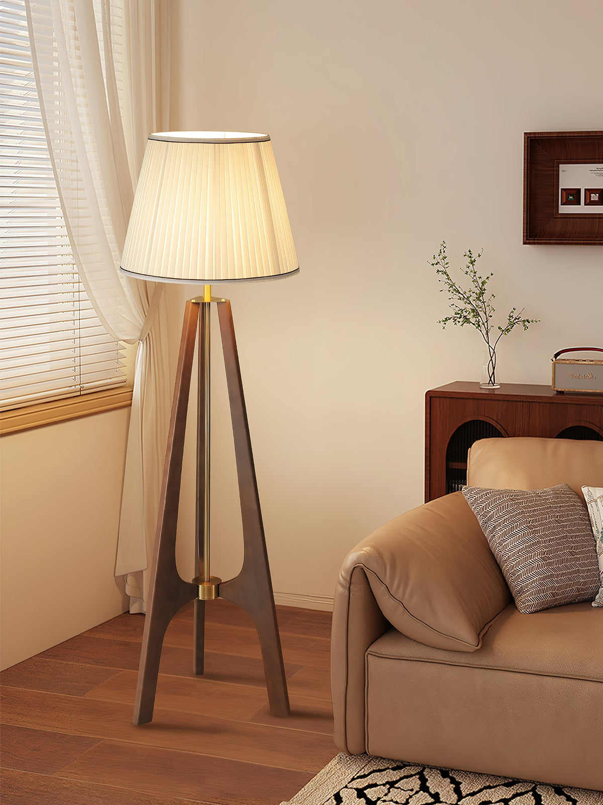 Trivelle Tripod Floor Lamp in Walnut and Gold with Pleated Fabric Shade