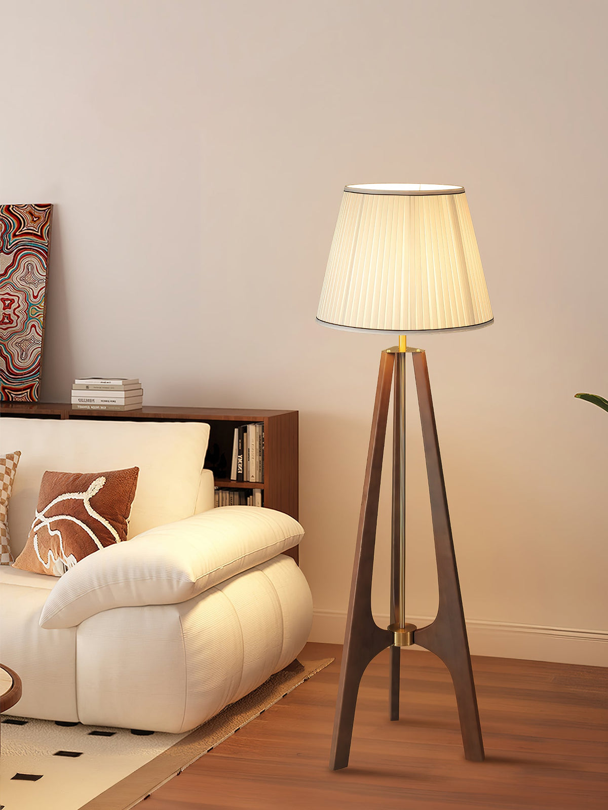 Trivelle Tripod Floor Lamp in Walnut and Gold with Pleated Fabric Shade