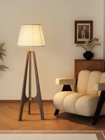 Trivelle Tripod Floor Lamp in Walnut and Gold with Pleated Fabric Shade