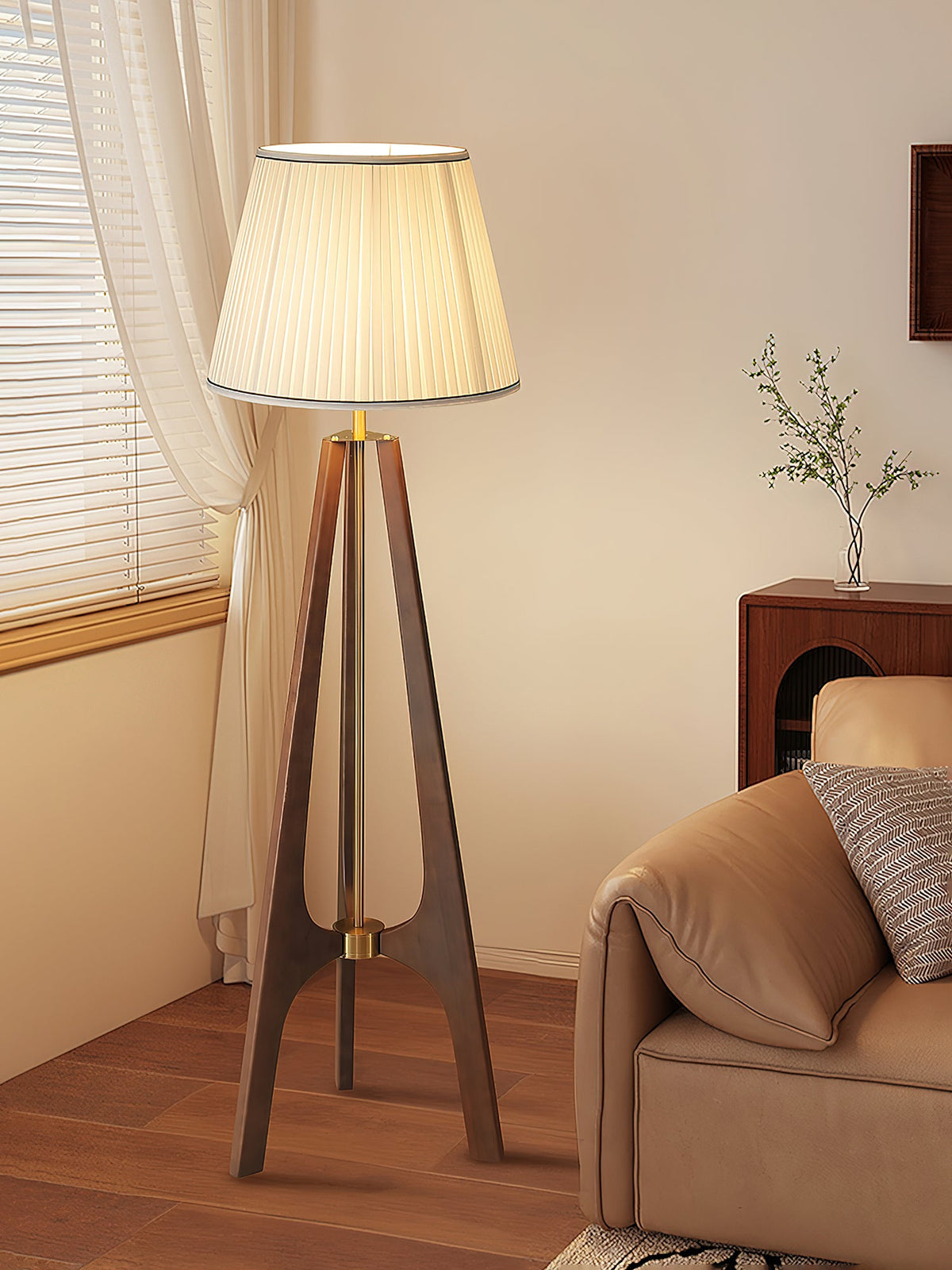 Trivelle Tripod Floor Lamp in Walnut and Gold with Pleated Fabric Shade