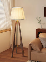 Trivelle Tripod Floor Lamp in Walnut and Gold with Pleated Fabric Shade