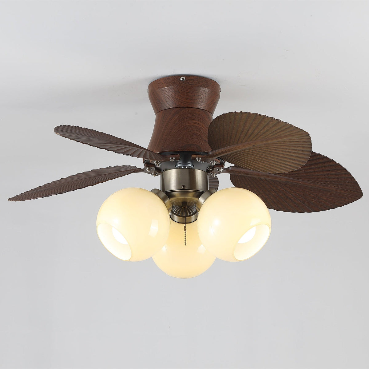 Tropi Glow Ceiling Fan Light with Botanical Blades and Opal Glass Globes