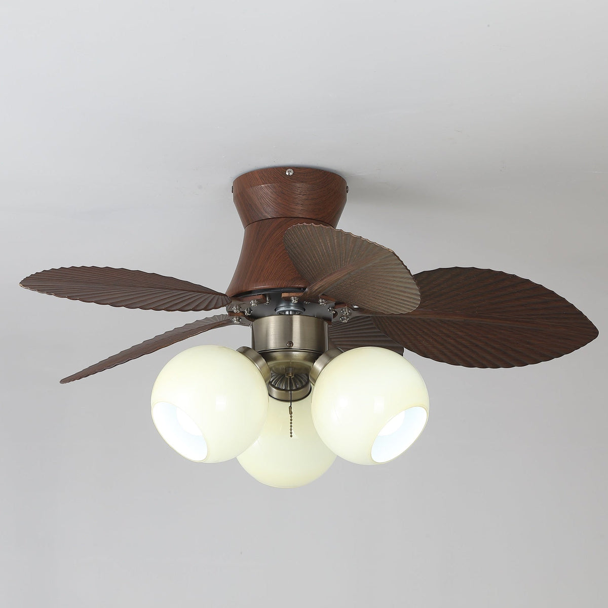 Tropi Glow Ceiling Fan Light with Botanical Blades and Opal Glass Globes