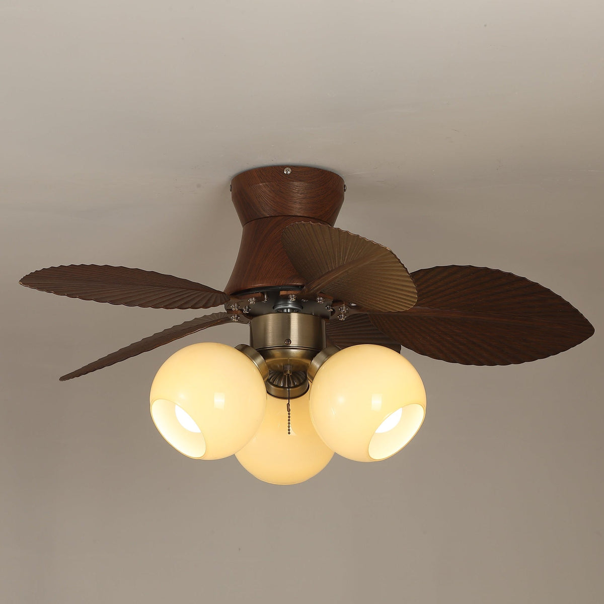 Tropi Glow Ceiling Fan Light with Botanical Blades and Opal Glass Globes