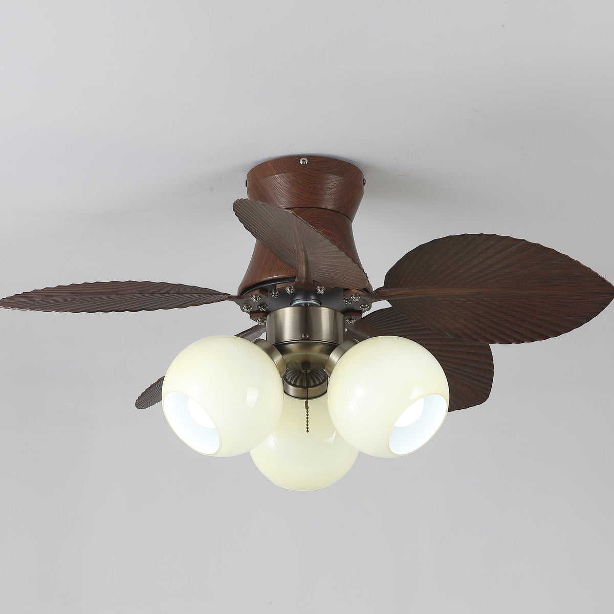 Tropi Glow Ceiling Fan Light with Botanical Blades and Opal Glass Globes