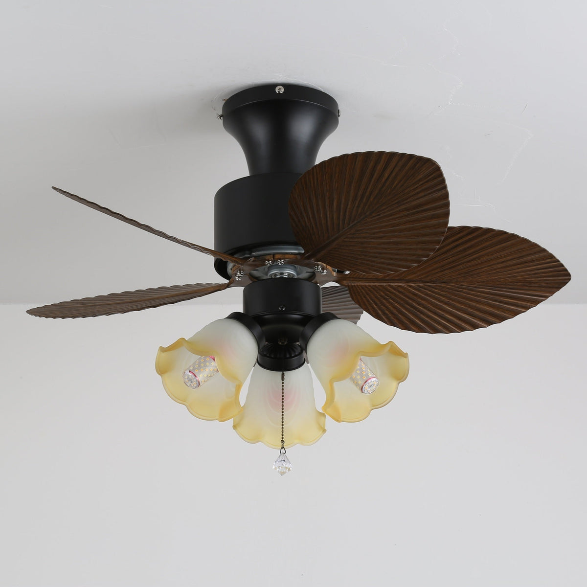 Tropica Palm Ceiling Fan Light with Amber Glass Shades