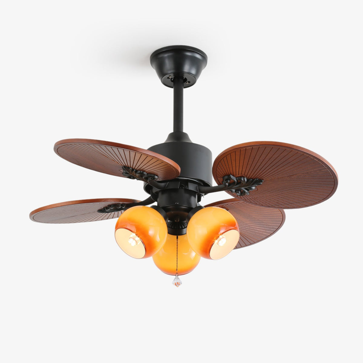 Tropica Breeze Ceiling Fan Light with Palm Blades and Amber Glass