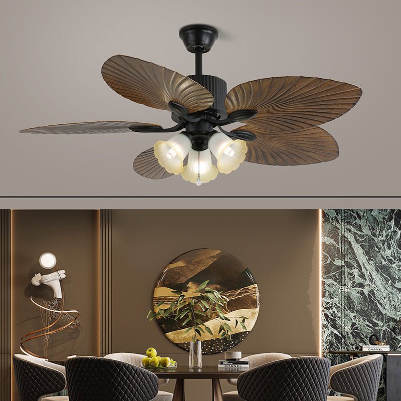 Tropica Breeze Ceiling Fan Light with Palm Blades and Amber Glass