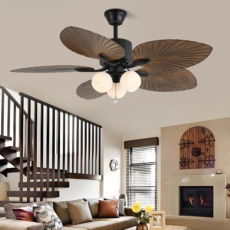 Tropica Breeze Ceiling Fan Light with Palm Blades and Amber Glass