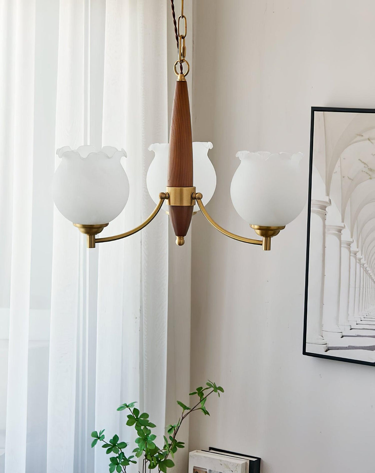 Tulips Glass Wood Chandelier – Modern Brass Pendant Light for Dining Room