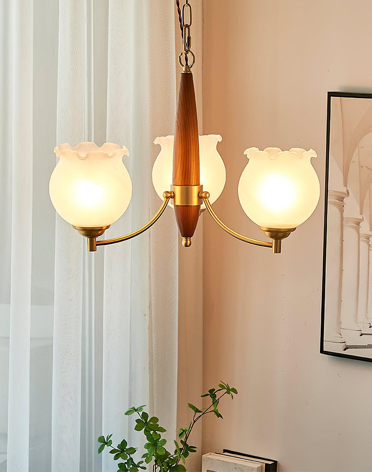 Tulips Glass Wood Chandelier – Modern Brass Pendant Light for Dining Room
