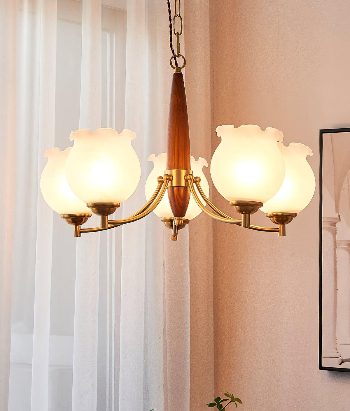Tulips Glass Wood Chandelier – Modern Brass Pendant Light for Dining Room