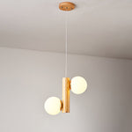 Tupelo Double Pendant Light in Wood and Glass for Dining Room and Living Room