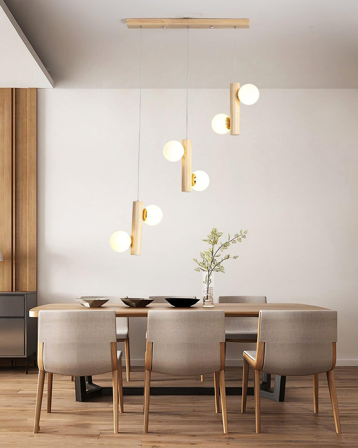 Tupelo Double Pendant Light in Wood and Glass for Dining Room and Living Room