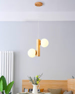 Tupelo Double Pendant Light in Wood and Glass for Dining Room and Living Room