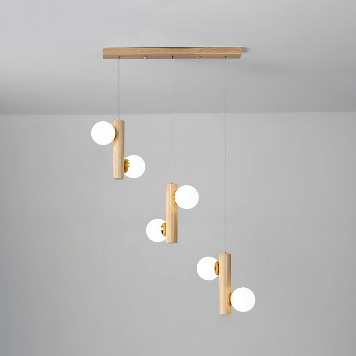 Tupelo Double Pendant Light in Wood and Glass for Dining Room and Living Room