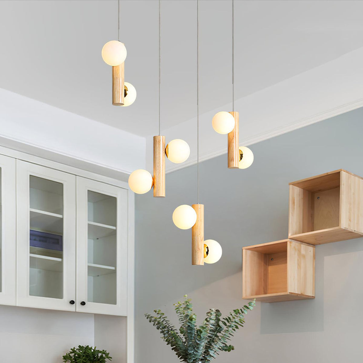 Tupelo Double Pendant Light in Wood and Glass for Dining Room and Living Room