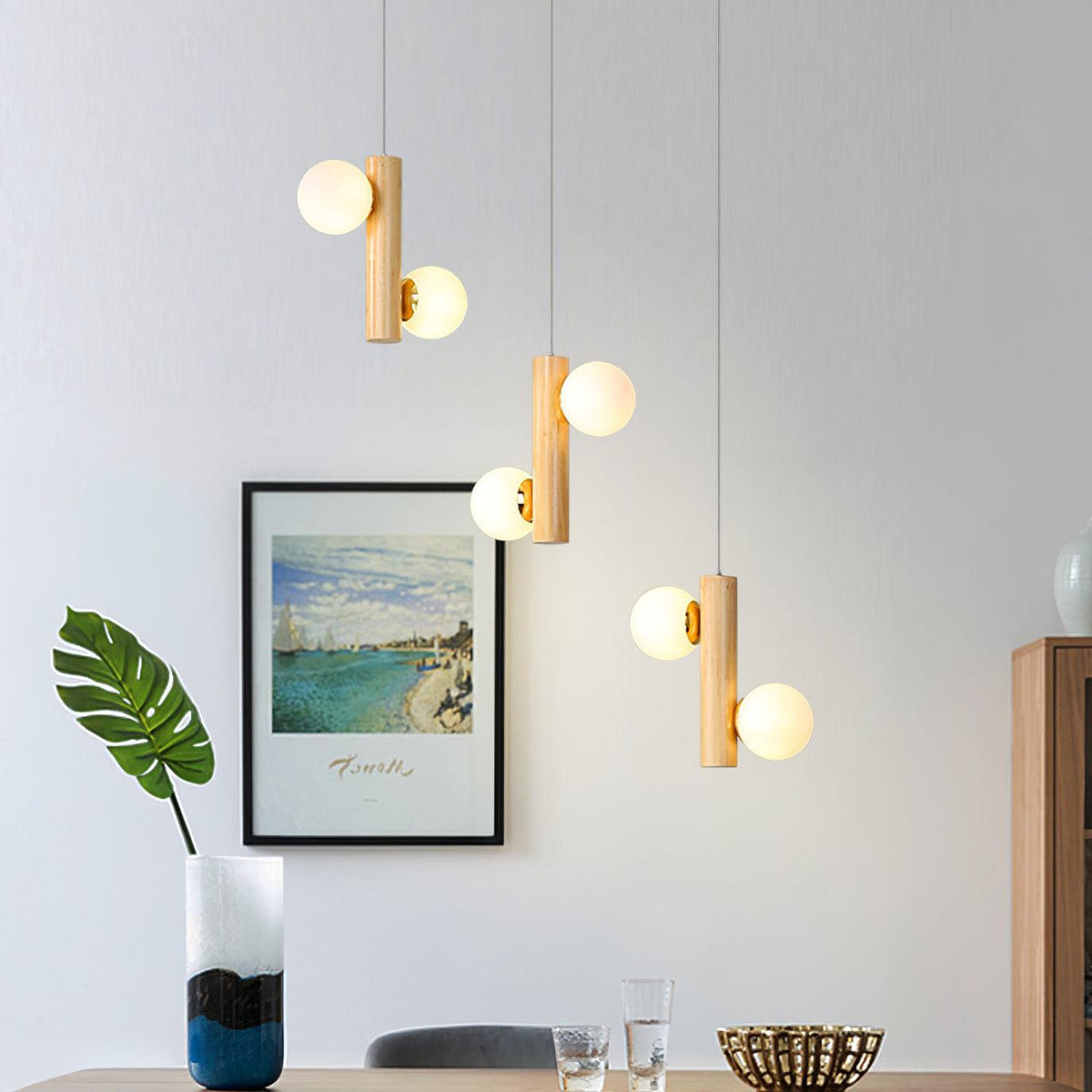 Tupelo Double Pendant Light in Wood and Glass for Dining Room and Living Room