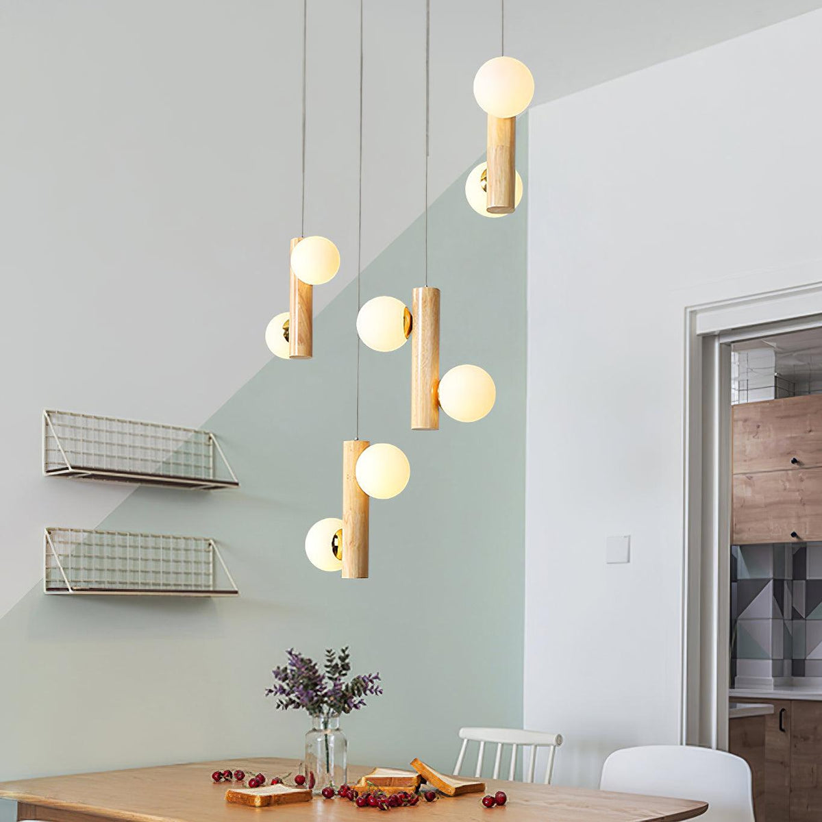 Tupelo Double Pendant Light in Wood and Glass for Dining Room and Living Room