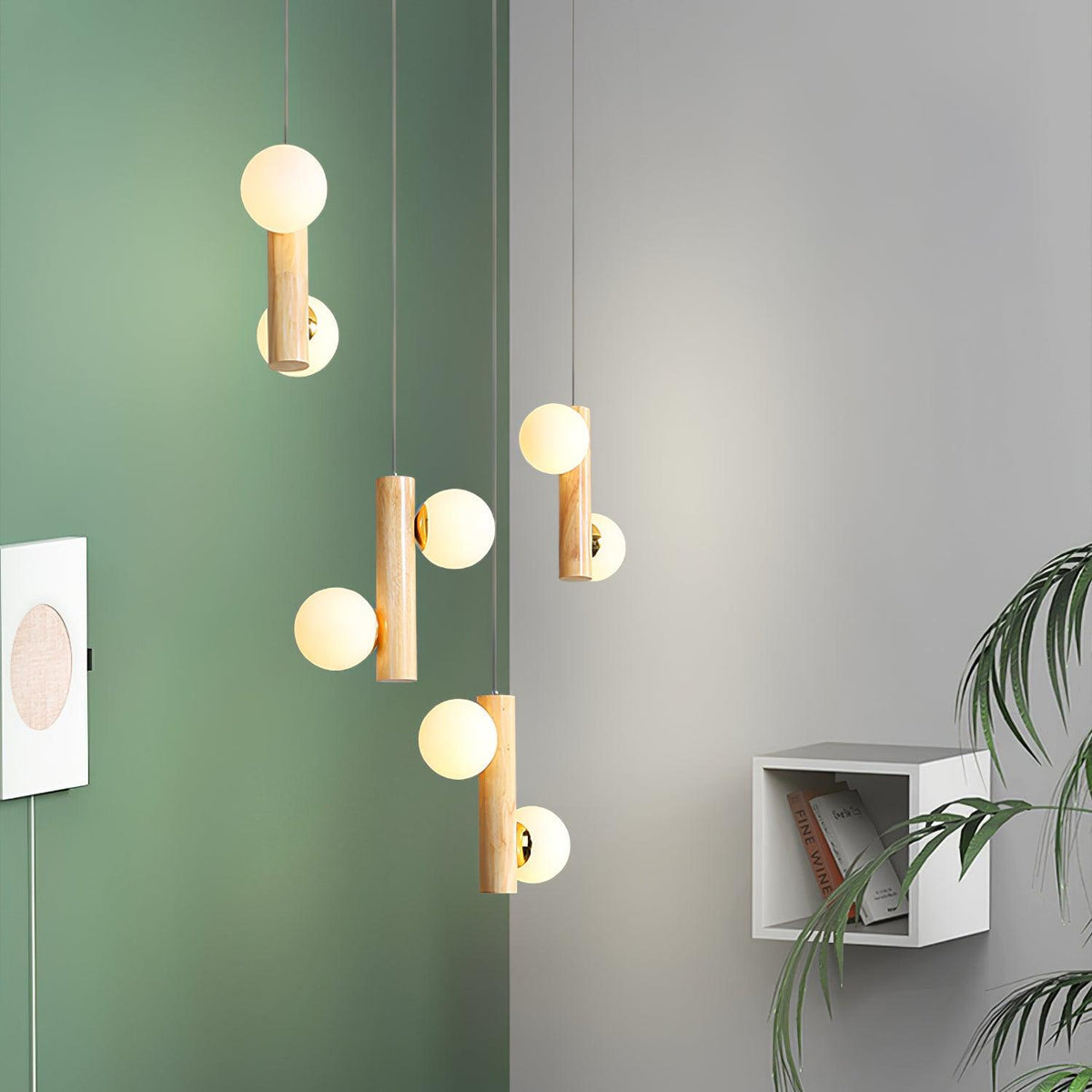 Tupelo Double Pendant Light in Wood and Glass for Dining Room and Living Room