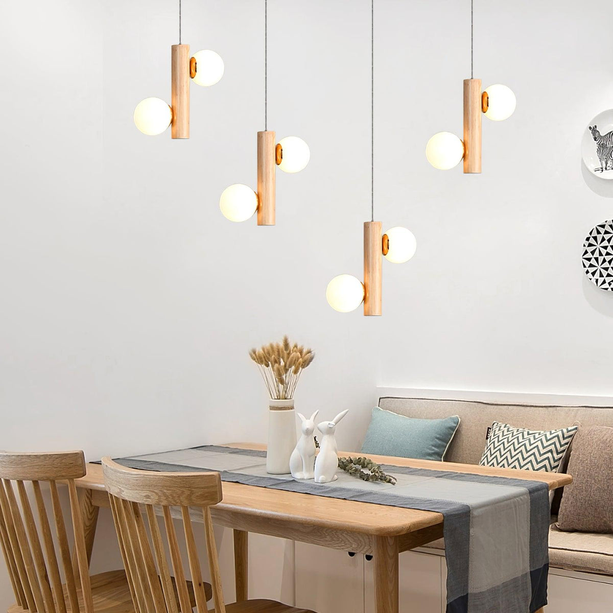 Tupelo Double Pendant Light in Wood and Glass for Dining Room and Living Room