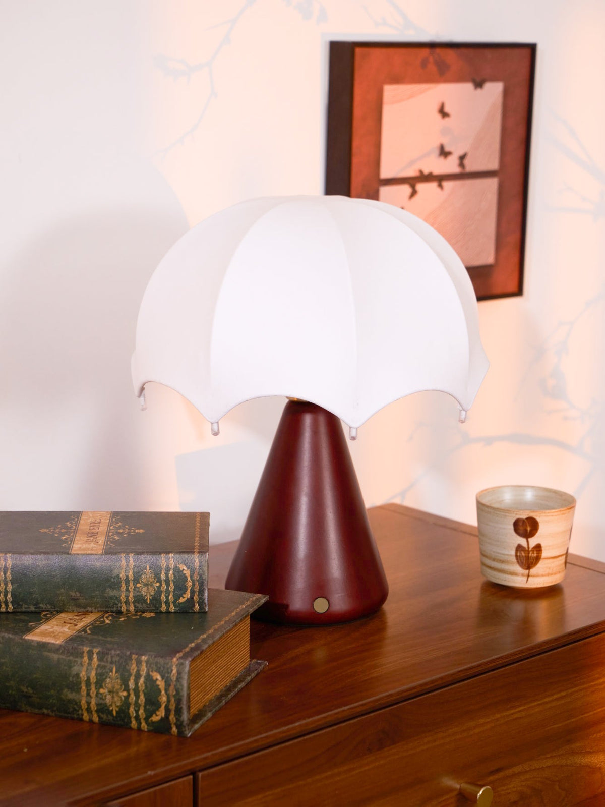 Umbrella Silk Table Lamp – Cordless LED with Walnut Base