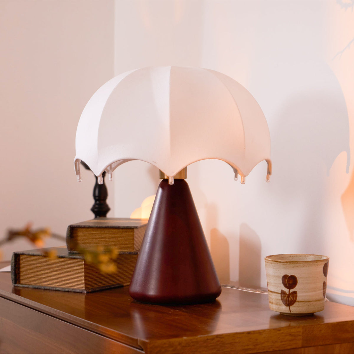 Umbrella Silk Table Lamp – Cordless LED with Walnut Base