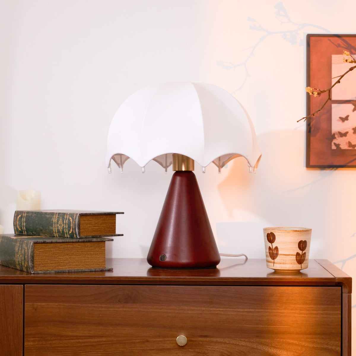 Umbrella Silk Table Lamp – Cordless LED with Walnut Base