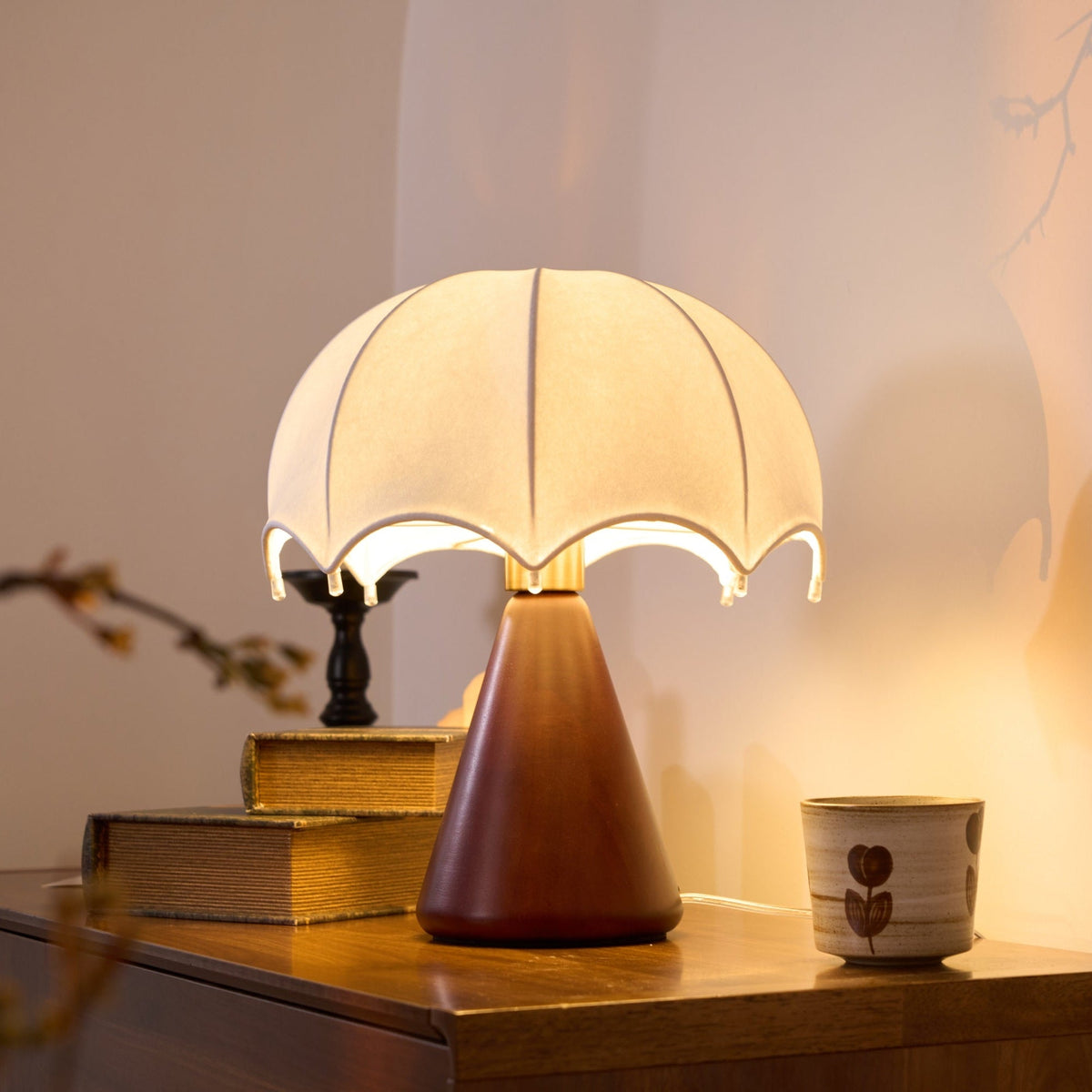 Umbrella Silk Table Lamp – Cordless LED with Walnut Base