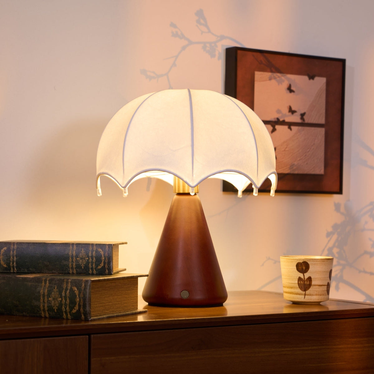 Umbrella Silk Table Lamp – Cordless LED with Walnut Base