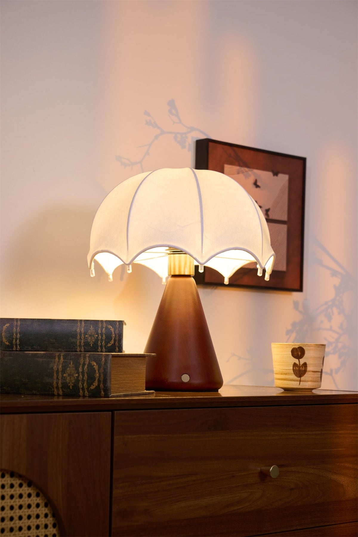 Umbrella Silk Table Lamp – Cordless LED with Walnut Base