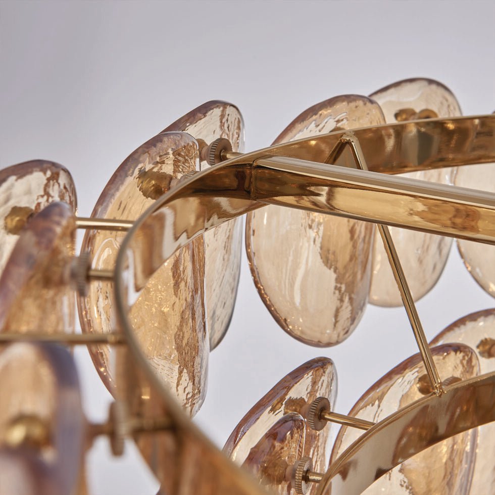 Uroko Glass Disc Chandelier in Warm Brass for Modern Interiors