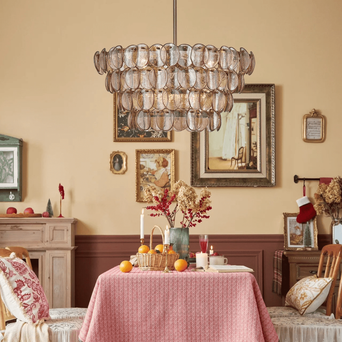 Uroko Glass Disc Chandelier in Warm Brass for Modern Interiors