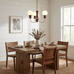 Valdora Globe Chandelier – Six-Light Brass and Wood Pendant for Dining and Living Spaces