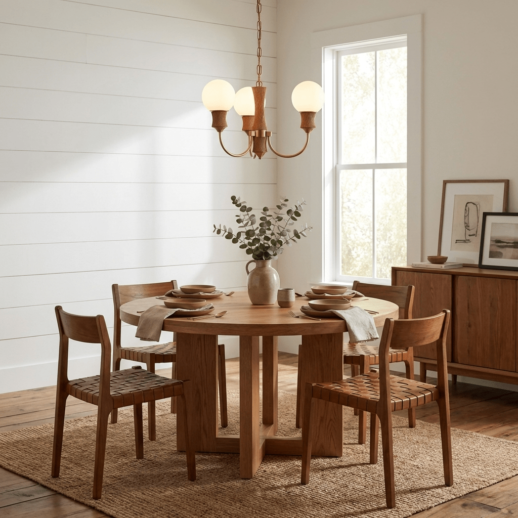 Valdora Globe Chandelier – Six-Light Brass and Wood Pendant for Dining and Living Spaces