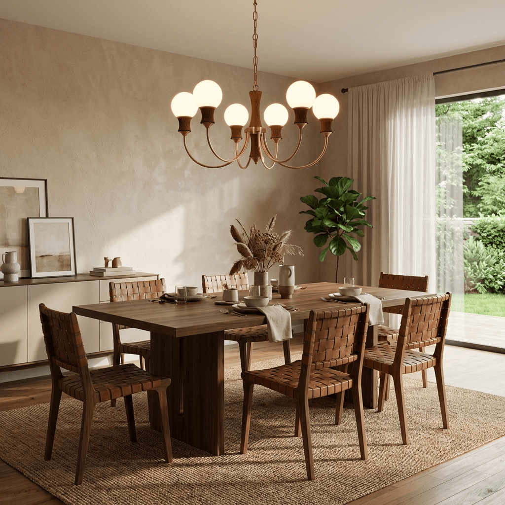 Valdora Globe Chandelier – Six-Light Brass and Wood Pendant for Dining and Living Spaces