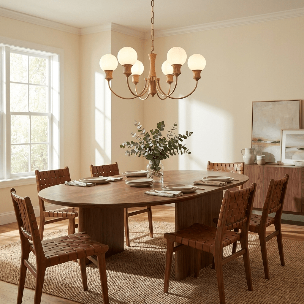 Valdora Globe Chandelier – Six-Light Brass and Wood Pendant for Dining and Living Spaces