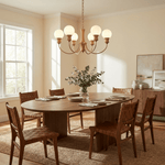 Valdora Globe Chandelier – Six-Light Brass and Wood Pendant for Dining and Living Spaces