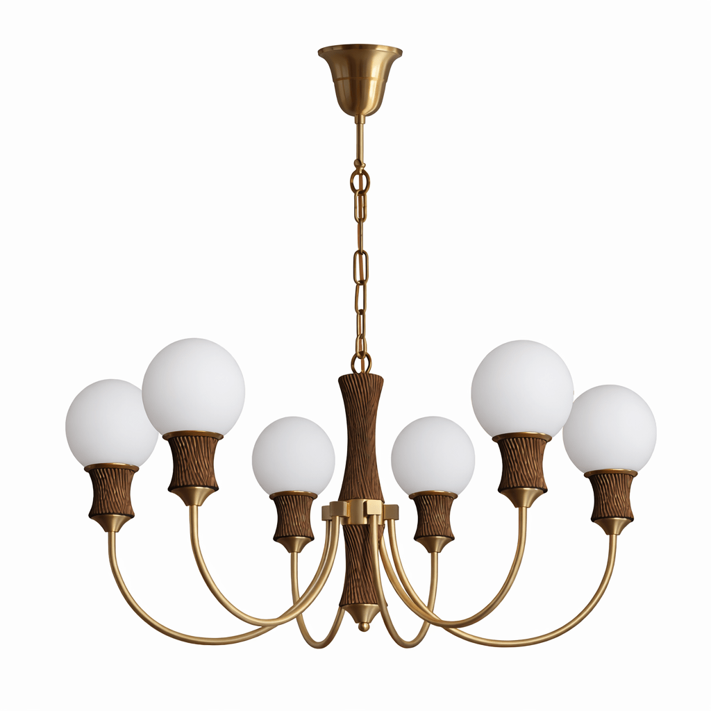 Valdora Globe Chandelier – Six-Light Brass and Wood Pendant for Dining and Living Spaces